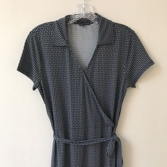 Brooks Brothers 346 Blue White Geometric Stretch Dress Women’s Faux Wrap Small - Picture 2 of 7